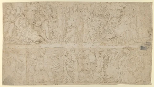 Sheet after Roman relief decorations from objects in the Collection of Cardinal Bruto della Valle: Friezes from Roman Sarcophagi with Dyonisus (verso); Marble Funerary Relief of Lucius Antistius Sarculo and his wife Antistia Plutia (recto) by anonymous, drawing, 1534-1584