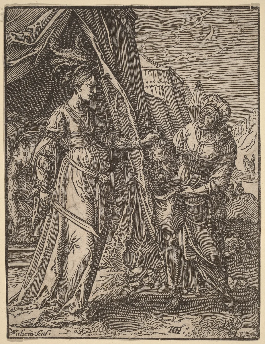 Judith with the Head of Holofernes by Christoffel van Sichem I; Hendrick Goltzius, print, 1558-1617