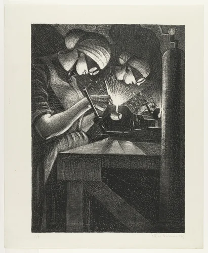 Acetylene Welder, plate 3 from the series Building Aircraft by Christopher Richard Wynne Nevinson, print, 1917