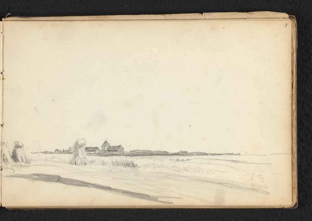 Landschap met hooibalen by Jan Bedijs Tom, drawing, 1823-1894