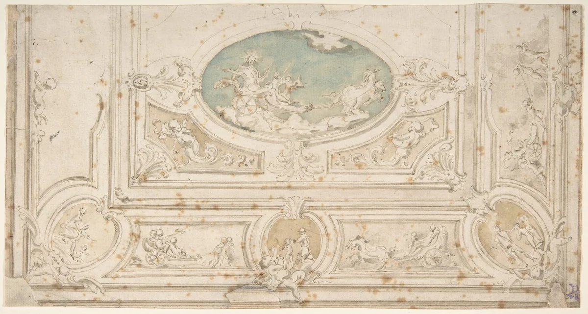 Design for a Ceiling with Apollo on his Wagon in the Central Compartment by anonymous, drawing, 1700-1800