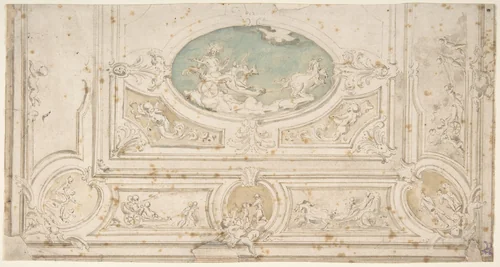 Design for a Ceiling with Apollo on his Wagon in the Central Compartment by anonymous, drawing, 1700-1800