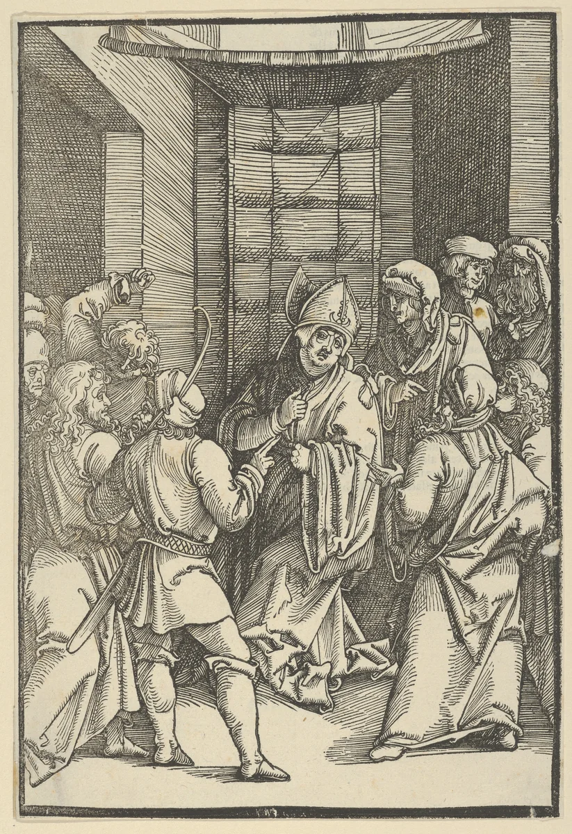 Christ before Caiaphas, from Speculum passionis domini nostri Ihesu Christi by Hans Schäufelein, print, 1507