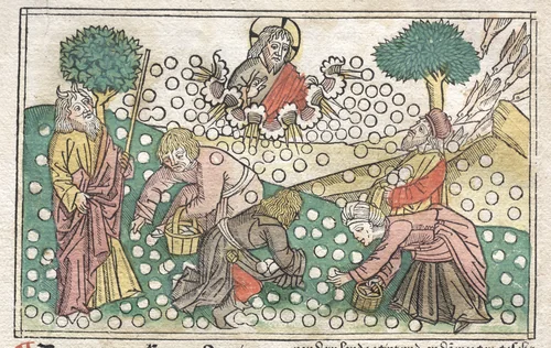 Nüremberg Bible: Manna Falling from Heaven by Unknown, print, 1400-1500