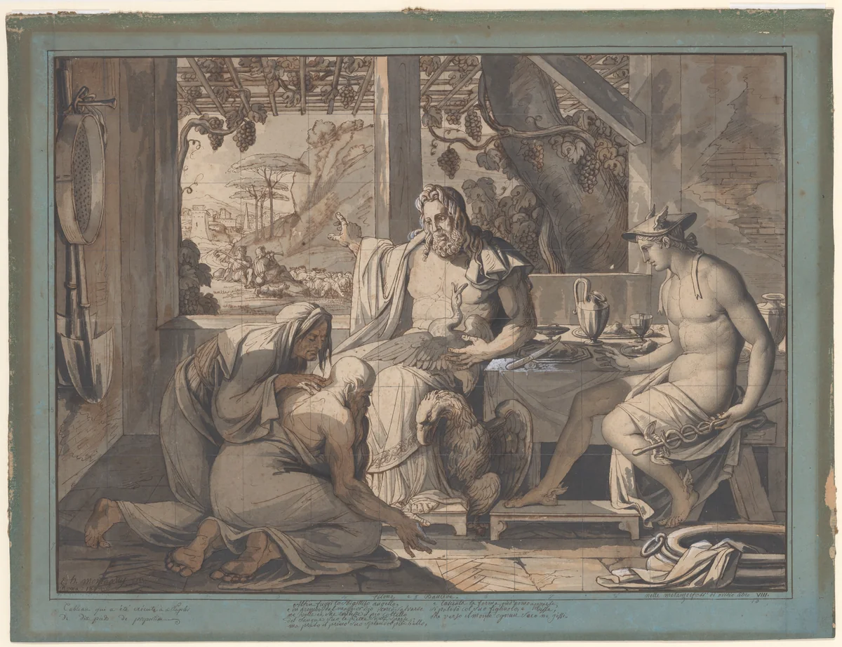 Jupiter and Mercury reveal themselves to Philemon and Baucis by Elie-Honoré Montagny, drawing, 1809