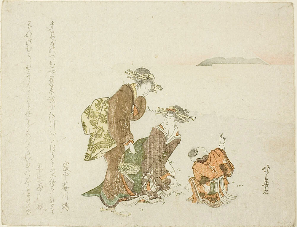 Two Girls and a Boy at the Shore by Teisai Hokuba (蹄斎北馬), print, 1771-1844