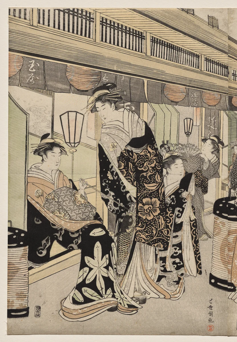 Courtesans Promenading on the Nakanochō by Utagawa Toyokuni, print, 1785-1795