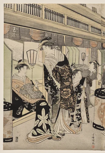 Courtesans Promenading on the Nakanochō by Utagawa Toyokuni, print, 1785-1795