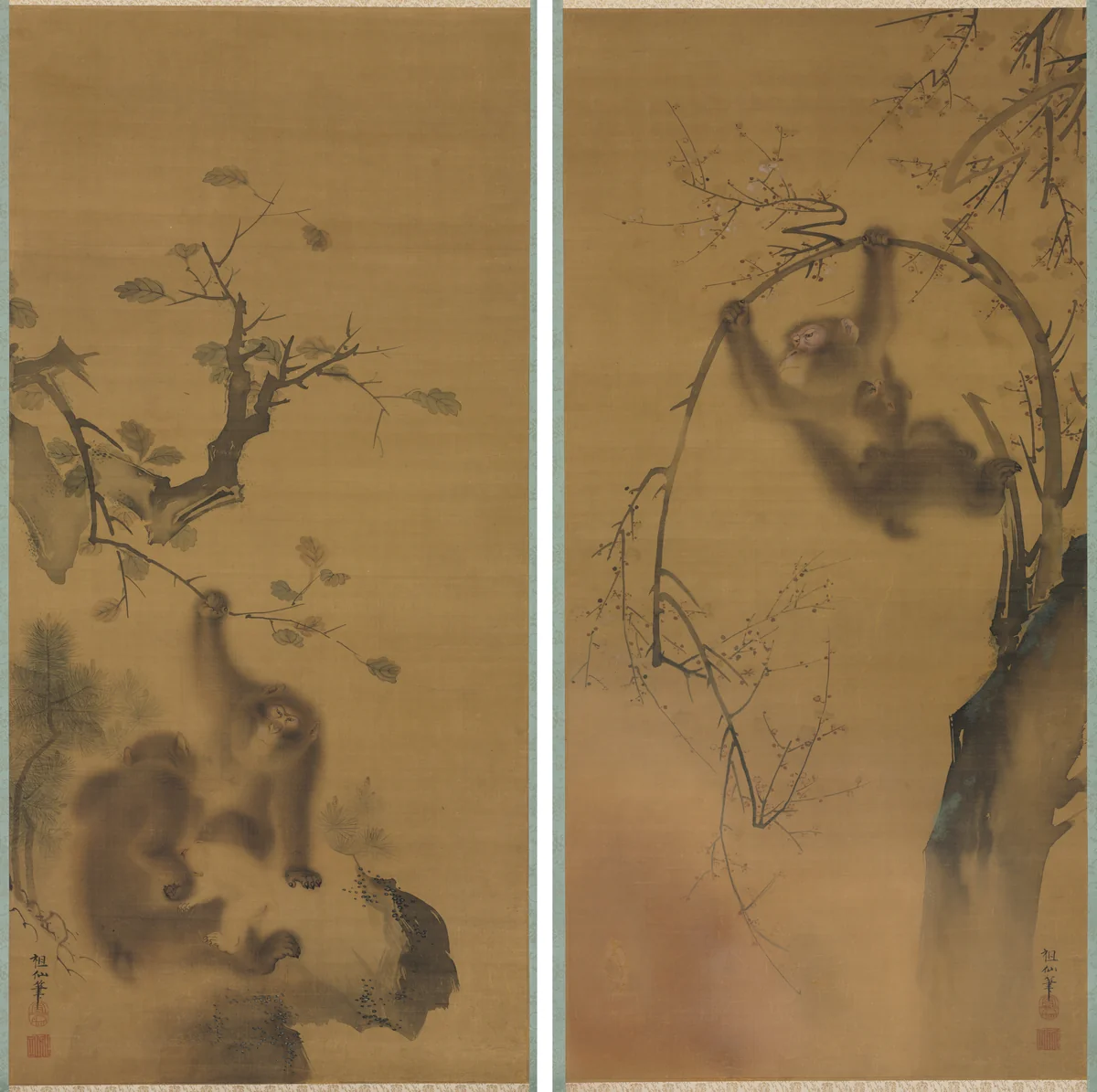 Monkeys in a Cherry Tree; Monkeys on a Rock Ledge by Mori Sosen, painting, 1800-1821