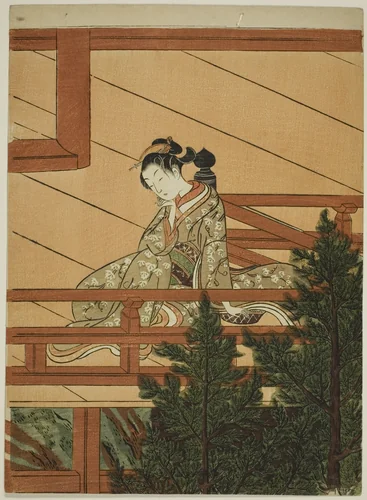 Young Woman Seated on the Balcony of Kiyomizu Temple by Suzuki Harunobu (鈴木春信), print, 1761-1770