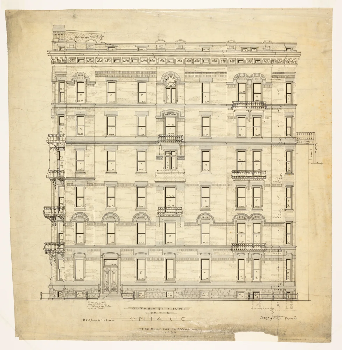 Ontario Apartments, Chicago, Illinois, Elevation by Treat & Foltz, drawing, 1880