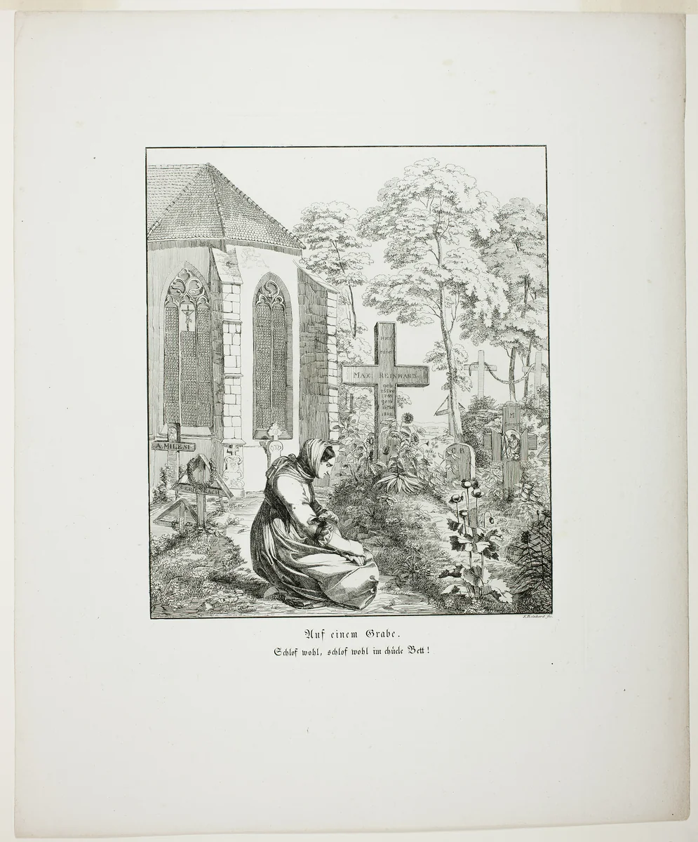 On a Grave, plate nine from Zehn Blätter zu Hebels Alemannischen Gedichten by Sophie Reinhard, print, 1820