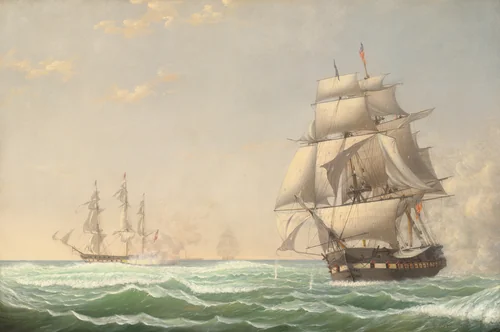 The United States Frigate "President" Engaging the British Squadron, 1815 by Fitz Henry Lane, painting, 1850