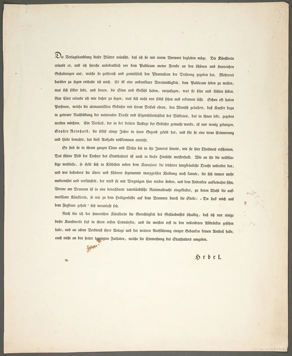 Introduction Page, from the series Poems in the Dialect of the Upper Rhine Region (Zehn Blätter Zu Hebels Alemannischen Gedichten) by Sophie Reinhard, print, 1820