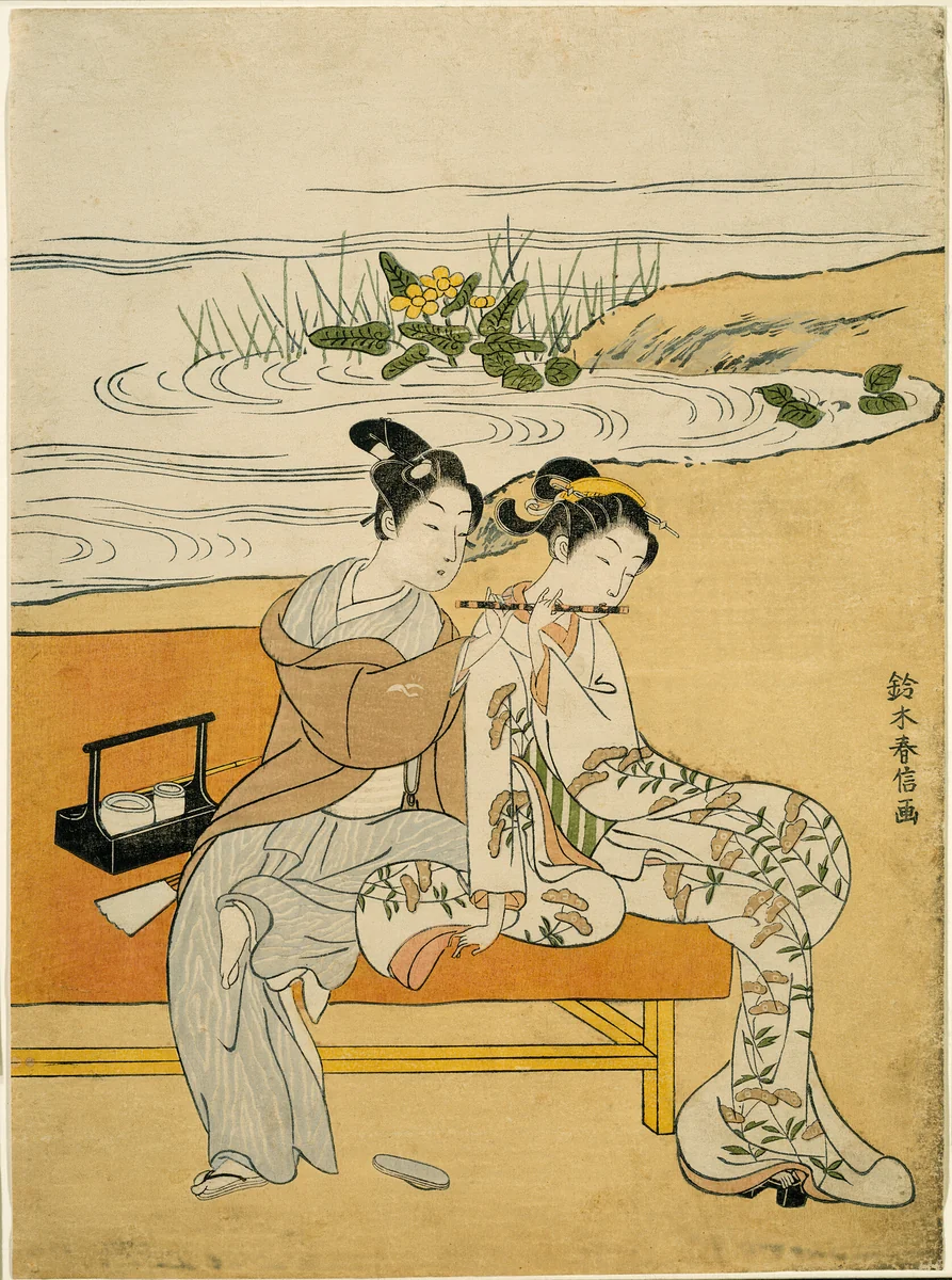 Lovers Playing the Same Fute (parody of Xuanzong and Yang Guifei) by Suzuki Harunobu (鈴木春信), print, 1762-1770