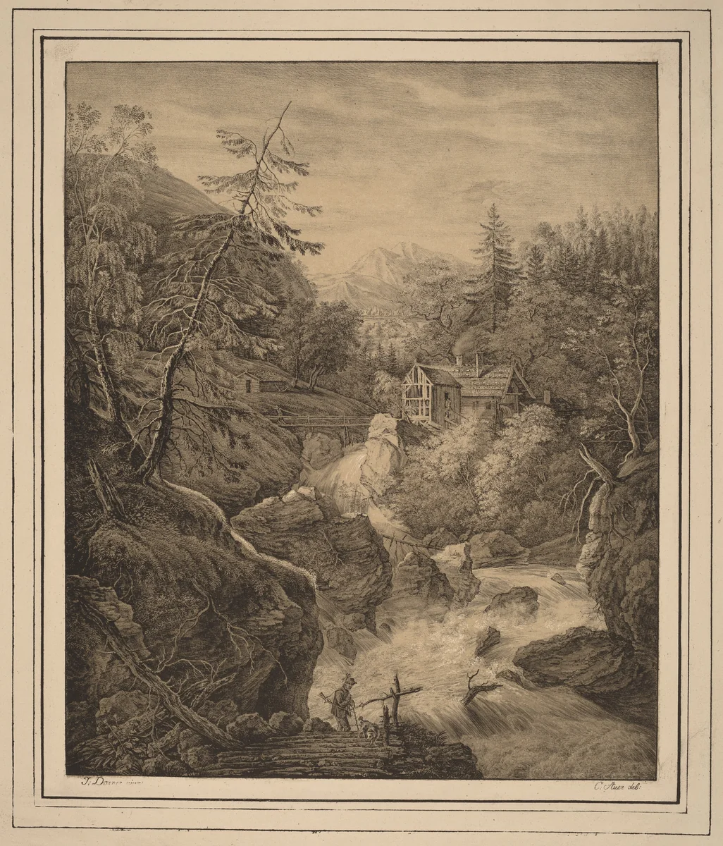 Waterfall by Kaspar Auer; Johann Jakob Dorner II, print, 1795-1821