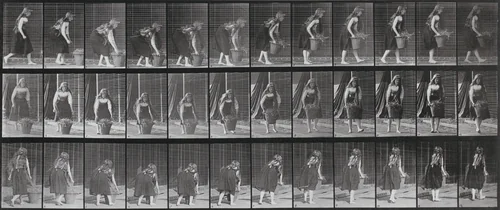 Plate Number 217. Stooping, lifting and carrying a 30-lb. basket by Eadweard Muybridge, photograph, 1887