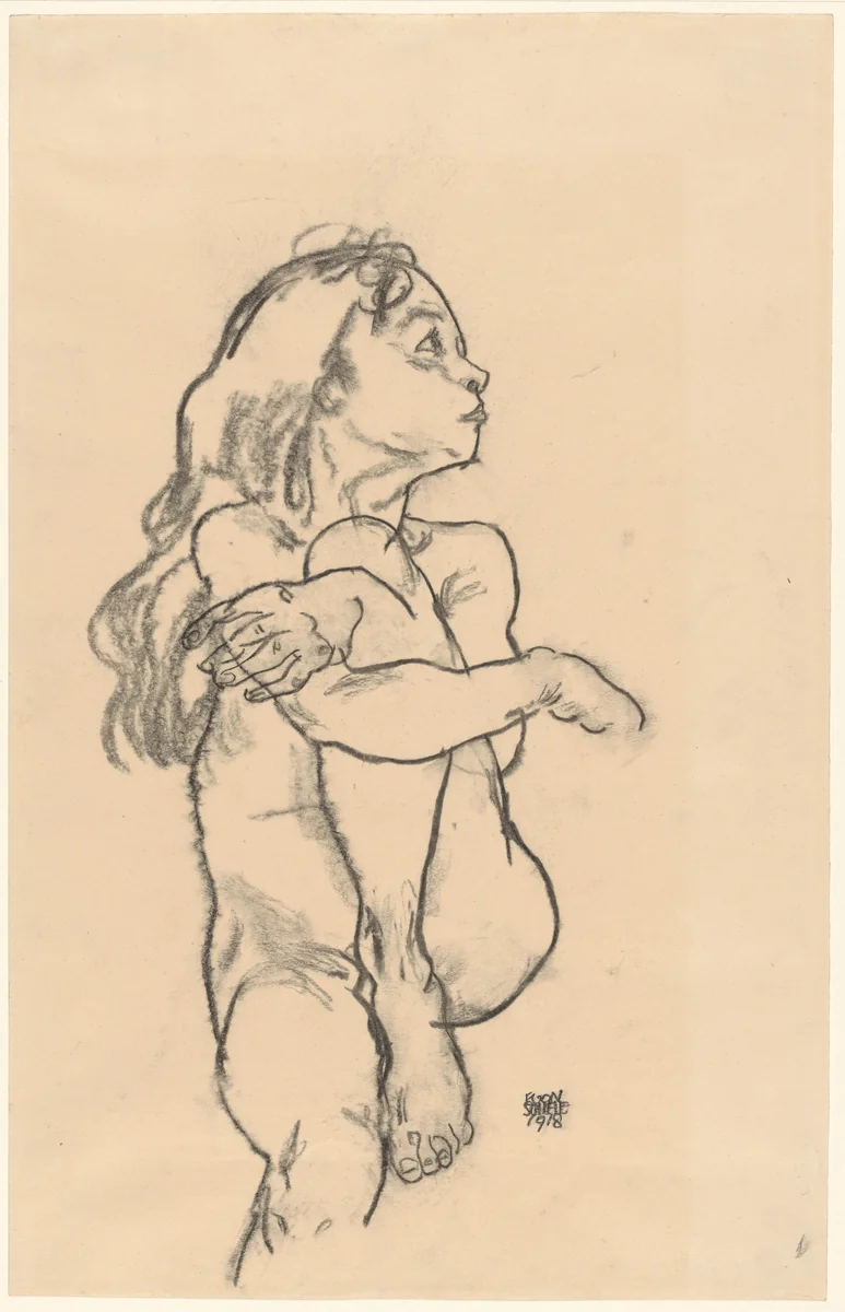 Seated Nude Girl Clasping Her Left Knee by Egon Schiele, drawing, 1918