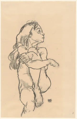 Seated Nude Girl Clasping Her Left Knee by Egon Schiele, drawing, 1918