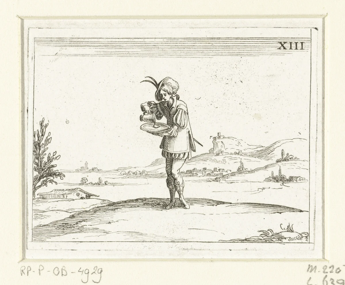 Een man wast een parel by Jacques Callot, print, 1625-1629