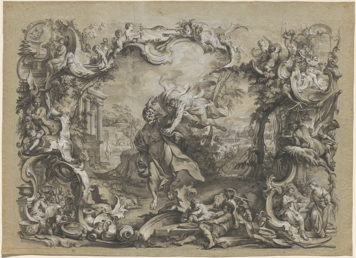 The Angel Carrying off Habakkuk by His Hair, Surrounded by an Elaborate Rococo Frame by Johann Wolfgang Baumgartner, drawing, 1750