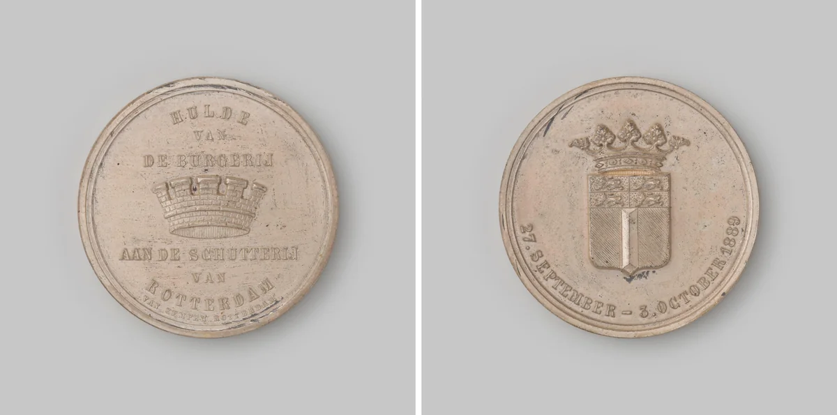 Huldepenning aan de schutterij te Rotterdam voor hun optreden tijdens de ongeregeldheden van 27 september tot 3 oktober 1889 by J.M. van Kempen, metalwork, 1889
