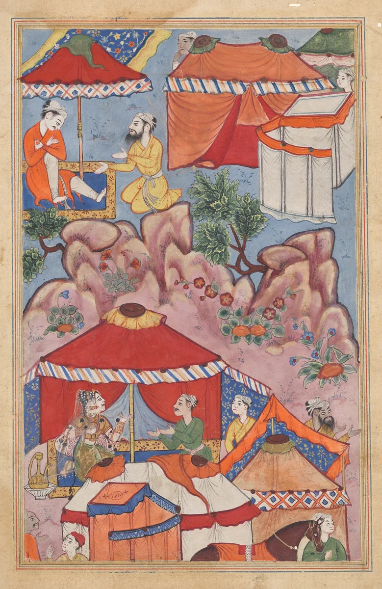 Bashir confides his love for Habbaza to an Arab friend, and sends him to her with a message, from a Tuti-nama (Tales of a Parrot): Twenty-fourth Night by Unknown, painting, 1555-1565