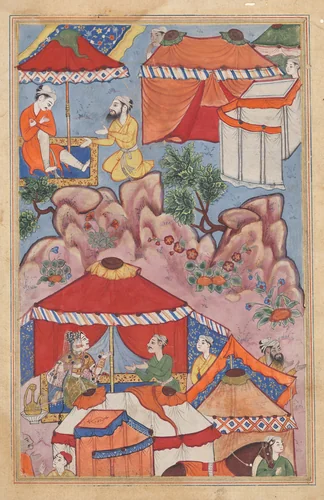 Bashir confides his love for Habbaza to an Arab friend, and sends him to her with a message, from a Tuti-nama (Tales of a Parrot): Twenty-fourth Night by Unknown, painting, 1555-1565