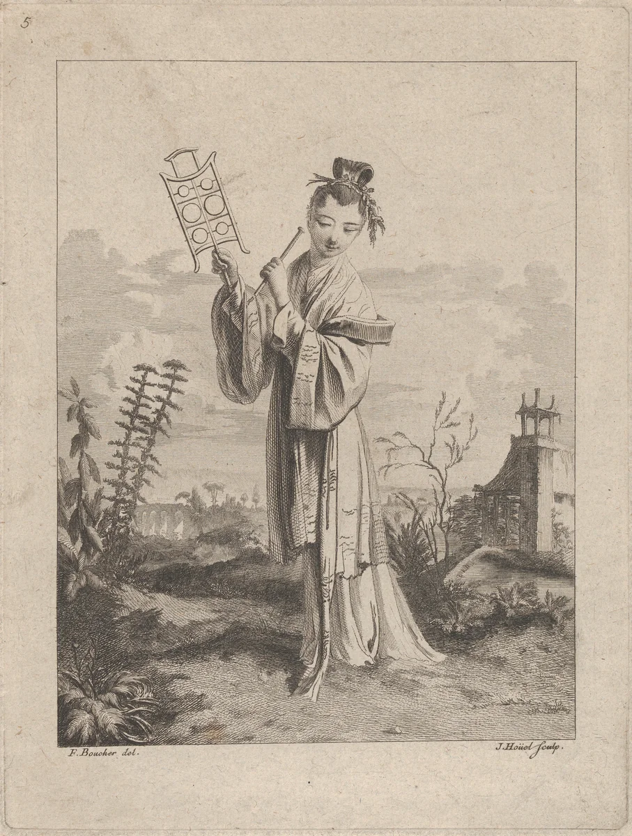 Chinoiserie with a woman playing a musical instrument, from Suite de Figures Chinoises. . .Tiré du Cabinet de Mr. d'Azaincourt (Series of Chinoiserie Figures. . .From the Chambers of Mr. d'Azaincourt), plate 5 by Jean-Pierre-Louis-Laurent Hoüel, print, 1755-1776