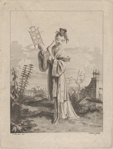 Chinoiserie with a woman playing a musical instrument, from Suite de Figures Chinoises. . .Tiré du Cabinet de Mr. d'Azaincourt (Series of Chinoiserie Figures. . .From the Chambers of Mr. d'Azaincourt), plate 5 by Jean-Pierre-Louis-Laurent Hoüel, print, 1755-1776