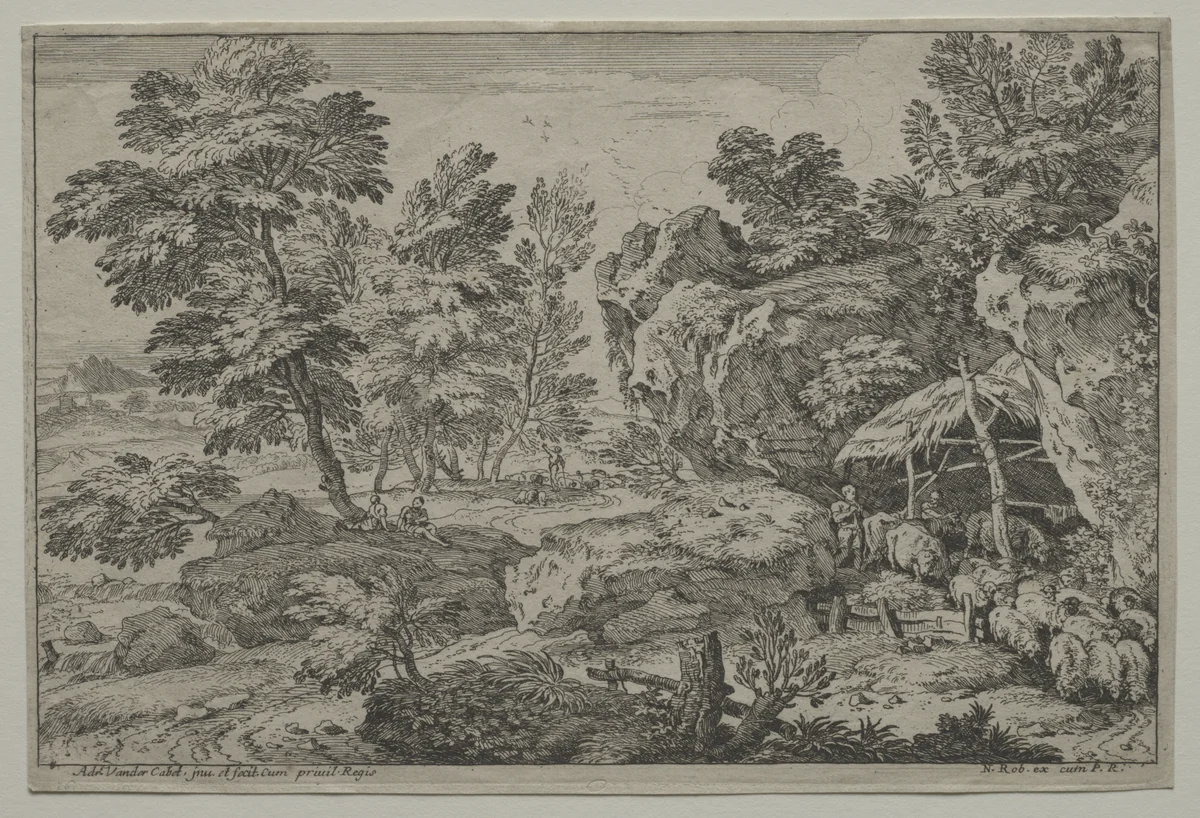 Landscape with Shepherds and two Flocks by Adrian van der Cabel, print, 1650-1700