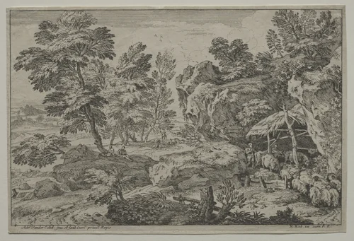 Landscape with Shepherds and two Flocks by Adrian van der Cabel, print, 1650-1700