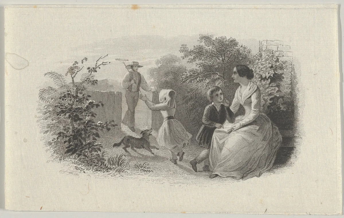 Banknote vignette with a family in a garden by Asher Brown Durand, print, 1819-1837