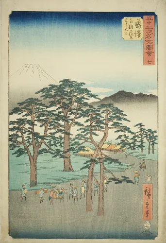 Fujisawa: Mount Fuji on the Left from the Nanki Pine Grove (Fujisawa, Nanki no Matsubara hidari no Fuji), no. 7 from the series "Famous Sights of the Fifty-three Stations (Gojusan tsugi meisho zue)," also known as the Vertical Tokaido by Utagawa Hiroshige (歌川広重), print, 1855