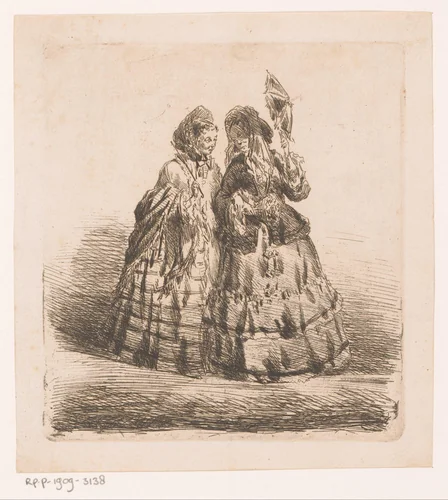 Twee vrouwen met parasol by Florent Nicolas Crabeels, print, 1853