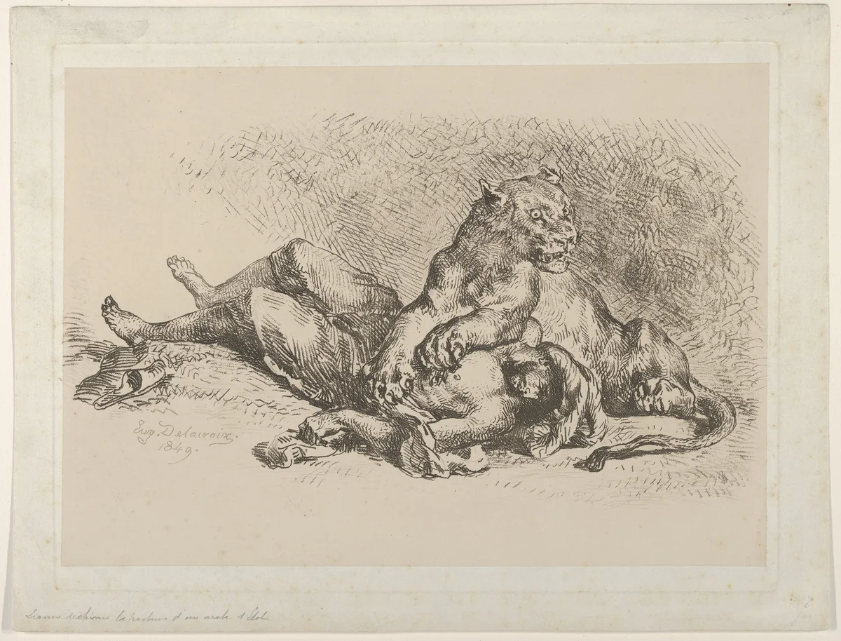 A Lioness Mauling the Chest of an Arab by Eugène Delacroix, print, 1849