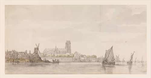 View of the Groote Kerk in Dordrecht from the River Maas by Aelbert Cuyp, drawing, 1644-1651