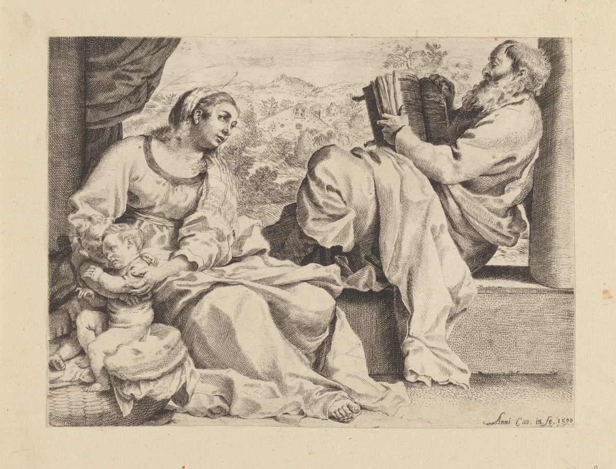 Heilige Familie met de jonge Johannes de Doper by Unknown, print, 1590