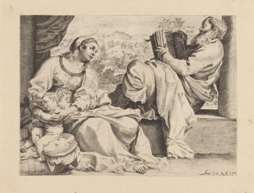 Heilige Familie met de jonge Johannes de Doper by Unknown, print, 1590