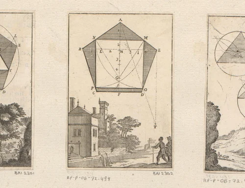 Constructie van een vierkant in een vijfhoek met onderaan een gezicht op een huis en twee mannen by Sébastien Leclerc, print, 1669