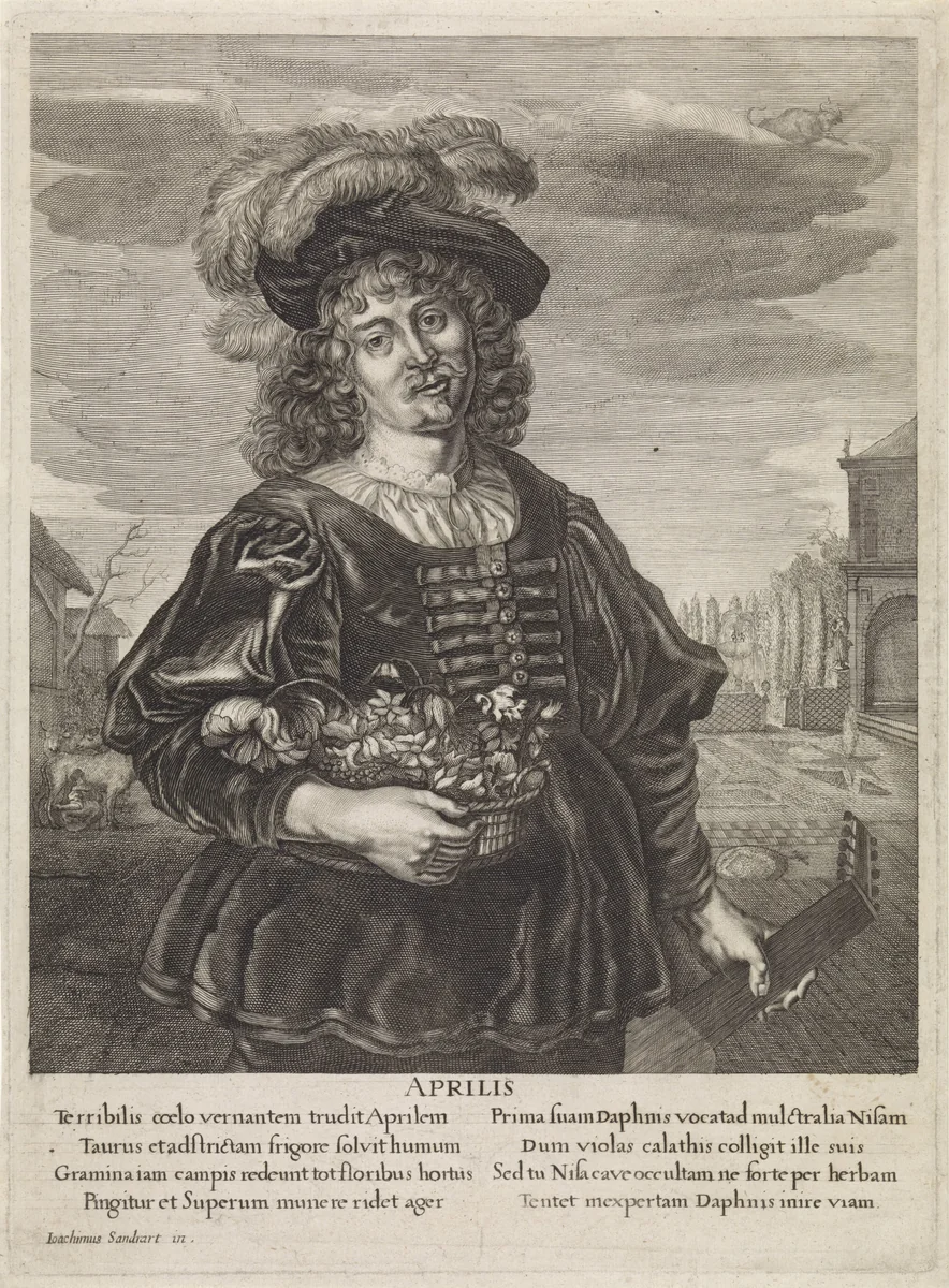 April: Jongeman met bloemenmand by anonymous, print, 1645-1695