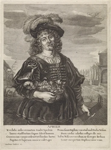 April: Jongeman met bloemenmand by anonymous, print, 1645-1695