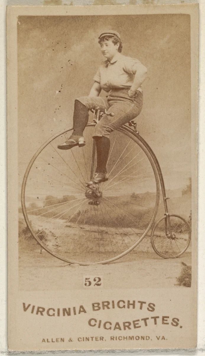 Card 52, from the Girl Cyclists series (N49) for Virginia Brights Cigarettes by Allen & Ginter, photograph, 1887