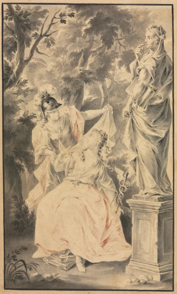 Allegorical Scene: Couple before a Statue by F. Müller, drawing, 1700-1799
