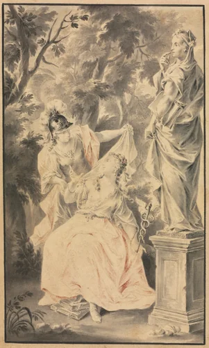 Allegorical Scene: Couple before a Statue by F. Müller, drawing, 1700-1799