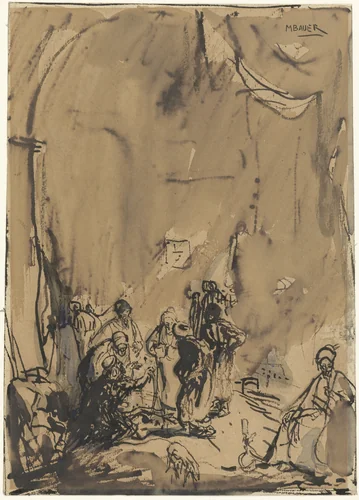 Groep Oosterlingen in druk gesprek by Marius Bauer, drawing, 1877-1919