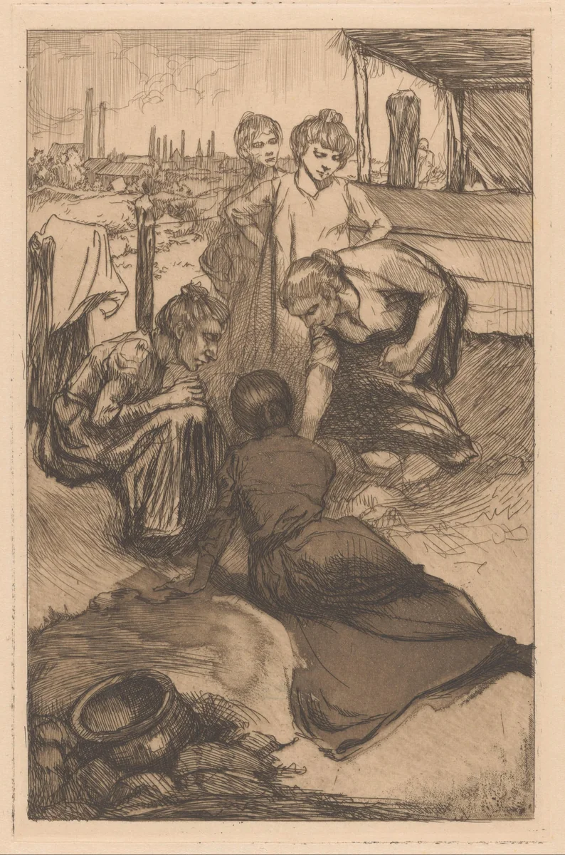 Buigende vrouwen in glooiend landschap by Johannes Josephus Aarts, print, 1881-1934
