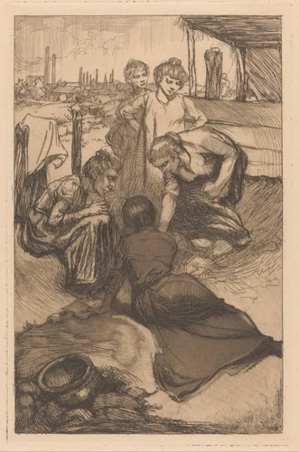 Buigende vrouwen in glooiend landschap by Johannes Josephus Aarts, print, 1881-1934