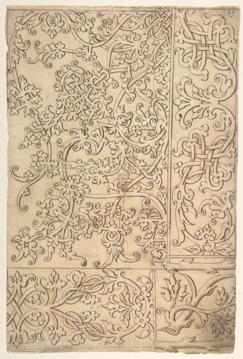 Design for Panels (Textile?) Decorated with Moresque and Knotwork Ornament by Master F, drawing, 1520-1545