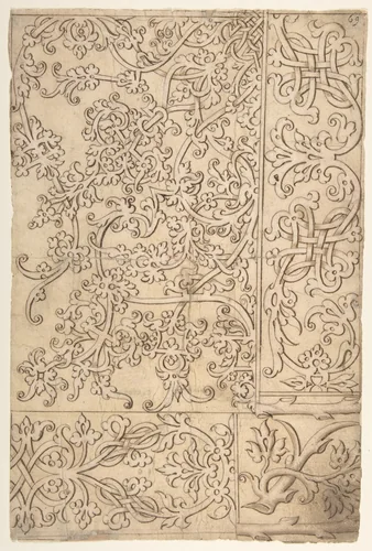 Design for Panels (Textile?) Decorated with Moresque and Knotwork Ornament by Master F, drawing, 1520-1545